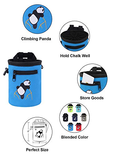 AMC Rock Climbing Panda Embroidered Chalk Bag with Zipper Pocket - color: Blue