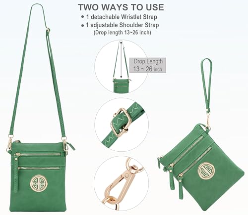 Solene Small Multi Zipper Pockets Crossbody Bag with Detachable Wristlet - color: Green