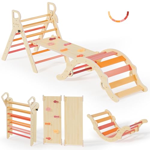 BlueWood Pikler Triangle Set, Toddler Climbing Toys Indoor 7in1 Foldable | Wooden Climber for Kids, Montessori Philosophy Play Jungle Gym with Arch, Ramp, Ladder (Farm Charm Autumn) - color: Farm Charm Autumn