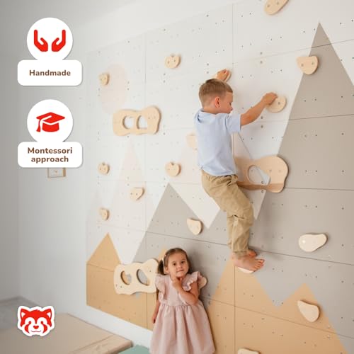 Wood And Hearts Indoor Rock Climbing Wall for Kids – 18 Wooden Climbing Panels with Rock Climbing Holds and Large Climbing Grips, Montessori Sensory Play Equipment for Playroom and Home Gym