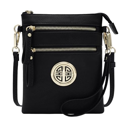 Solene Small Multi Zipper Pockets Crossbody Bag with Detachable Wristlet - color: Black