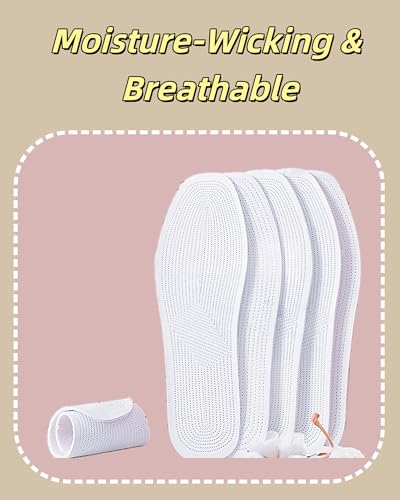 4 Pairs Cotton Shoe Insoles for Women & Men | Breathable & Moisture-Wicking for Sweaty Feet | Washable, Comfort Inserts for Sports Shoes and Boots (White, 8.5 Women / 7.5 Men) - size: 8.5 Women / 7.5 Men