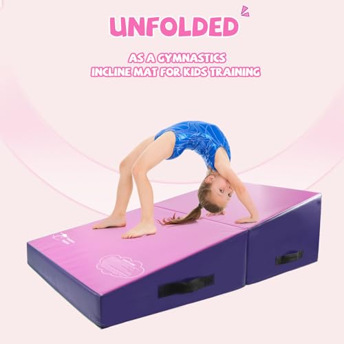 Kangaroo Hoppers Gymnastics Cheese Wedge Mat for Kids Ages 1-12 | 3 Sizes Folding Incline Mat with High-Density EPE Foam and Removable PVC Leather Cover, Home Gym Training Equipment - color: Purple/Pink, size: 56" x 28" x 15"