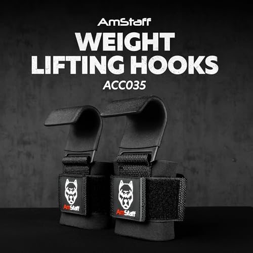 AmStaff Fitness Weight Lifting Hooks (Pair) - Gym Wrist Straps with Steel Hooks for Weightlifting, Pull-Ups, Deadlifts, Strength Training, and Fitness Workouts - Adjustable Neoprene Wrist Support - color: Black