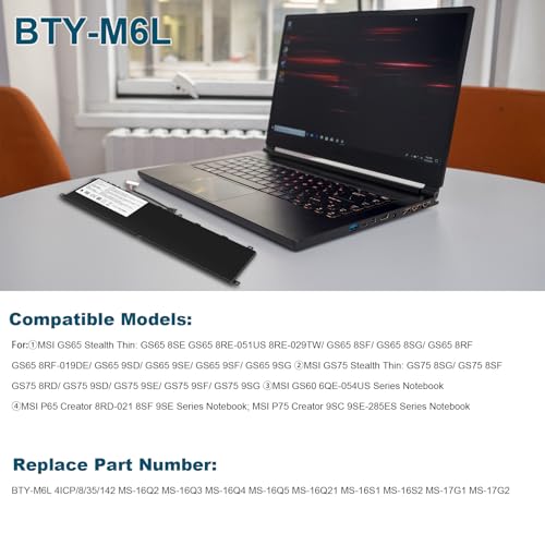 BTY-M6L MS-16Q2 MS-16Q3 Laptop Battery Compatible with MSI GS65 GS75 Stealth Thin 8RF 8SE 8SF 8SG 9RE 9SD 9SE 9SF 9SG PS63 PS42 8RB Modern 8RC 8SC P65 Creator 8RD 8RF 8RE 8SF 9SE P75 Creator 9SC 9SE - size: 13.19*3.23*0.28inch BTY-M6L