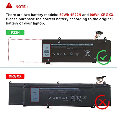 1F22N Laptop Battery for Dell Alienware M15 R1 M17 R1, G5 15 5590 5590-D2783W 5590-D2743B D2842W D2843W D2865B G7 15 7590 7790 D2785B ALW15M-D1523S,JJPFK 0JJPFK 06YV0V 08622M HYWXJ 0HYWXJ XRGXX 01F22N - size: 8.74*2.95*0.31inch