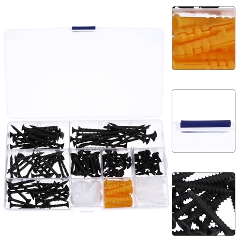 Luxshiny Black Hardened Self-Tapping Screws Set Round Head Cross Screws with Washers and Expansion Anchors for Cabinet and Shelf Installation 180pcs