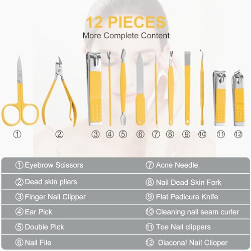 Manicure Pedicure Set - Nail Clippers Toenail Clippers Kit,Professional Manicure Kit Pedicure Kit,Nail Care Kit with,Travel Case, Set of 12 - color: Yellow