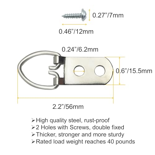 40 Pack Heavy Duty D-Ring Metal Picture Hangers with Screws(Silver) | Double Holes Clasp Metal Picture Hanging Kit, For Hanging Photo Frames, Artwork, Paintings, Clock, Canvas Hooks, Mirrors - size: 40 Pack-Double hole