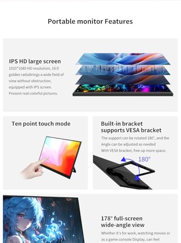 cjc 18.5" FHD Portable Touch Screen Monitor with Kickstand - USB C HDMI External Travel Display for Laptop, Phone, Gaming Console, Second Screen (18.5” 120Hz) - size: 18.5” 120Hz