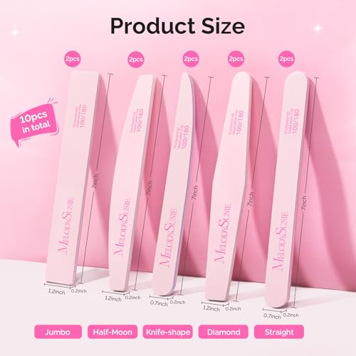 MelodySusie 10Pcs Nail Files 100/180 Grit, Mixed-Shape Double Sided Emery Boards Bulk Pack for Acrylic, Gel and Natural Nails, Professional Manicure Pedicure Shaping Tools for Home Salon, Pink - size: 10Pcs Mix Shape