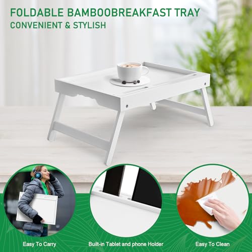 Artmeer Bamboo Bed Trays, Folding Legs, Phone/Tablet Slots, 2-Pack, White - color: White, size: Medium (Pack of 2)