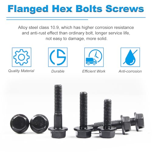 M6-1.0 x 25mm Flanged Hex Head Bolts Flange Hexagon Screws, External Flange Hex Drive Screws,Class 10.9 Black Finish,Alloy Steel, Fully Threaded, 40 PCS - size: M6x25mm
