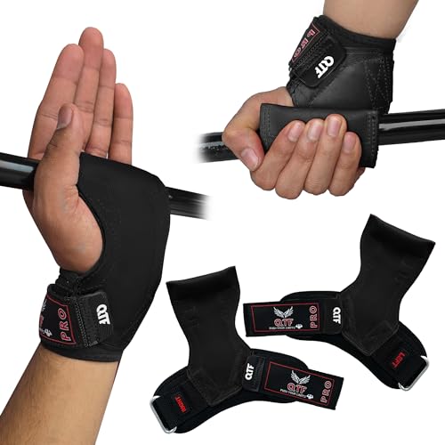 QTF Weight Lifting Grips (Pair) for Heavy Powerlifting, Wrist Straps for Deadlifts, Rows, Pull Ups, with Neoprene Padded Wrist Wraps Support and Strong Rubber Gloves or Straps for Bodybuilding. - color: Black, size: S