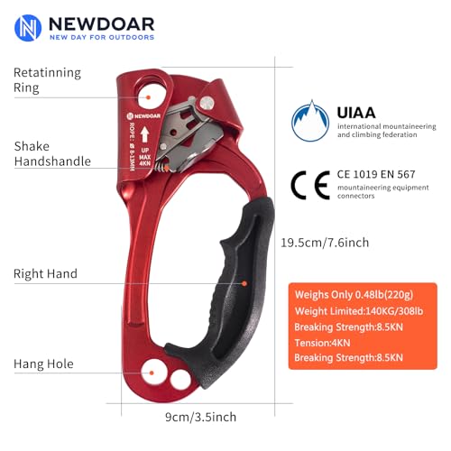 UIAA & CE Certified Hand Ascender Rock Climbing Tree Arborist Rappelling Gear Equipment Rope Clamp for 8~13MM Rope - color: Red Pro-Right