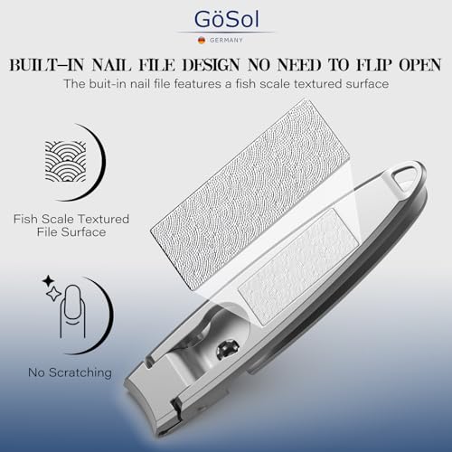 Nail Clipper Anti-Splash, Stainless Steel, Wide Jaw Sharp Blades | Nail Cutter with Catcher, Built-in Lock, One Handed Open & Close, for Thick Nails, with Built-in File, Washable, Heavy Duty - style: Curved Blades Nail Clipper