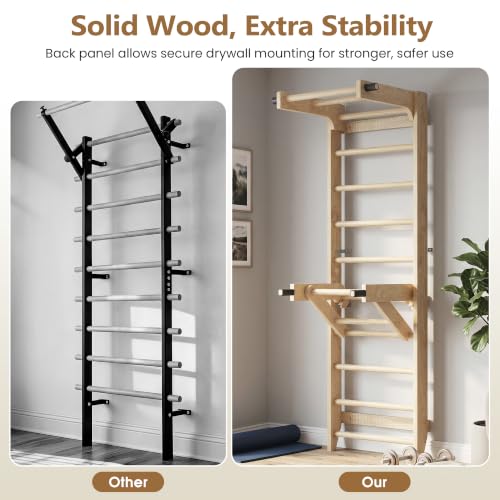 Swedish Ladder Wall Bar with Adjustable Pull-Up Bar | Solid Wood Construction, 10 Pine Rungs, All Ages, for Home, School, Gymnastics Training