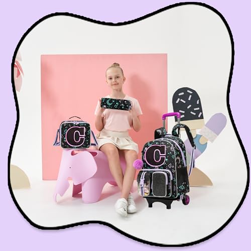 HTgroce Cute Rolling Backpack with Wheel,School Backpack for Kids Girl Roller Schoolbag Wheeled Backpacks Set Carry-on Luggage,Black C - color: Black, style: C