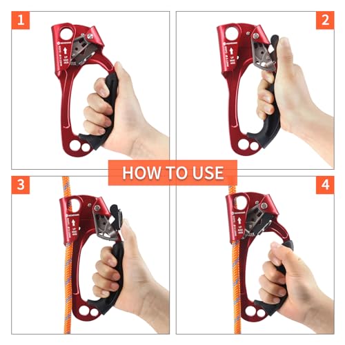 UIAA & CE Certified Hand Ascender Rock Climbing Tree Arborist Rappelling Gear Equipment Rope Clamp for 8~13MM Rope - color: Red Pro-Right