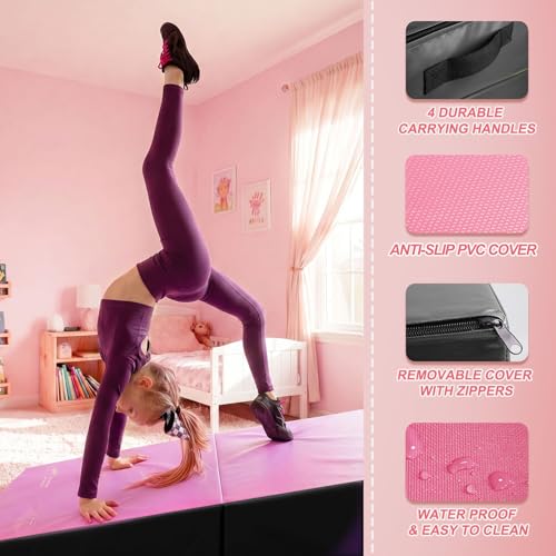 Kangaroo Hoppers Gymnastics Cheese Wedge Mat for Kids Ages 1-12 | 3 Sizes Folding Incline Mat with High-Density EPE Foam and Removable PVC Leather Cover, Home Gym Training Equipment - color: Black/Hot Pink, size: 56" x 28" x 15"
