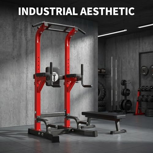 Power Tower Pull Up Bar Dip Station, Free Standing Pull Up Rack Dip Station for Home Gym, 10-Level Adjustable Height Pull Up Bar Stand Dip Bar Strength Training Workout Equipment - color: Red