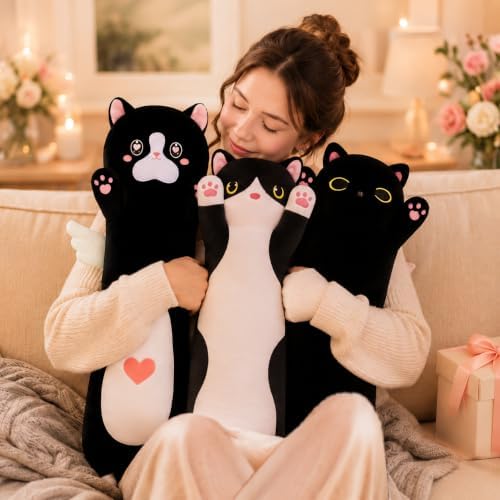 Long Cat Plush Cute Black Cat Stuffed Animals 43inch Soft Plushies Body Pillow Kitten Plush Throw Pillow Kawaii Big Plush Doll Toys Gift for Kids Girlfriend Birthday, 110cm/43.3inch