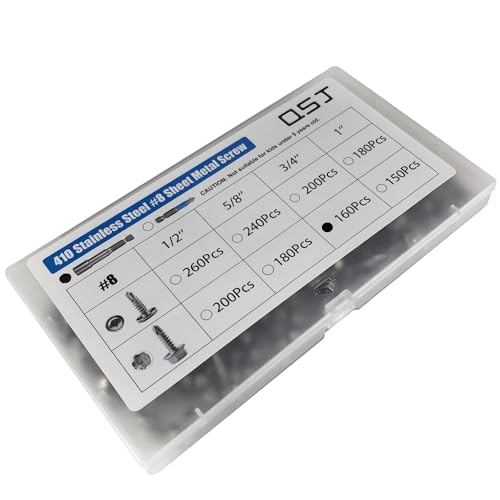 QSJ 160PCS #8 x 3/4'' Sheet Metal Screws 410 Stainless Steel Hex Washer Head Fast Self Tapping Screws with Screwdriver Bit Silver - color: Hex #8x3/4‘’（160）