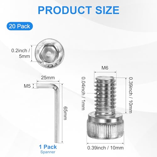 M METERXITY 20-Pack M6 x 10mm Socket Head Cap Screws, 304 Stainless Steel Hex Machine Bolts, Allen Socket Drive Screw with Hex Wrench for Repair/DIY, Fully Threaded Fasteners Kit [Silver] - size: M6 x 10mm