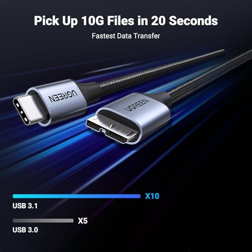 UGREEN 10Gbps USB C to Micro B Cable 6.6FT for External Hard Drive | 10Gbps transfer speed, braided shield, 40000+ bend tests, aluminum alloy shell, wide device compatibility - size: 6.6 FT