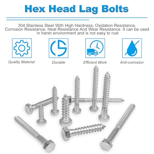 20 Pcs 5/16" x 2" Hex Head Lag Screws, 304 Stainless Steel Lag Bolts Hexagon Head Wood Screws Heavy Duty Large Screws for TV Mounts, Deck, Boat Repair - size: 5/16 x 2" (20 pcs)