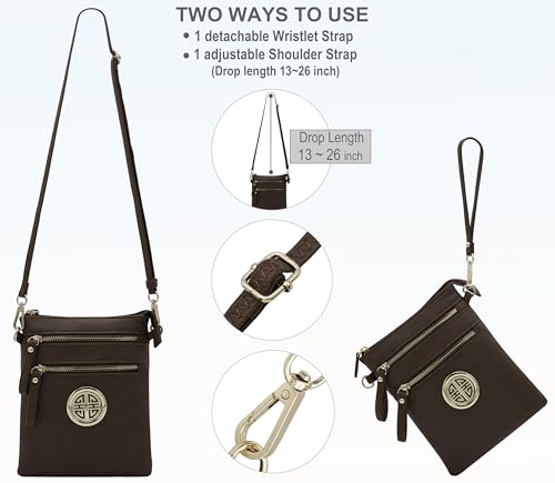 Solene Small Multi Zipper Pockets Crossbody Bag with Detachable Wristlet - color: Coffee