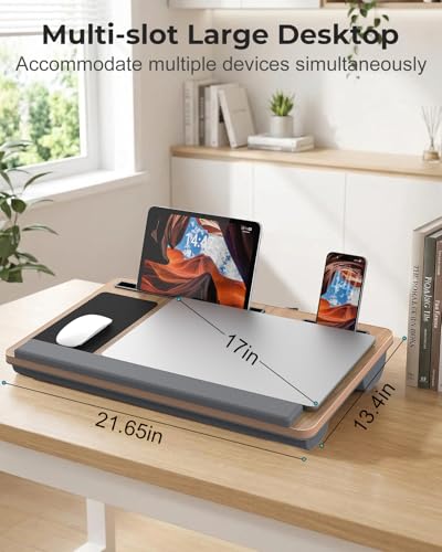 Potuopy Lap Desk - Up to 17” Laptop with Wrist Rest, Portable Handle, 2 Self-Adhesive PVC Mouse Pads, Tablet & Phone Slots, Laptop Stand for Bed with Cushion (Dark Brown Woodgrain) - color: Dark Brown Woodgrain