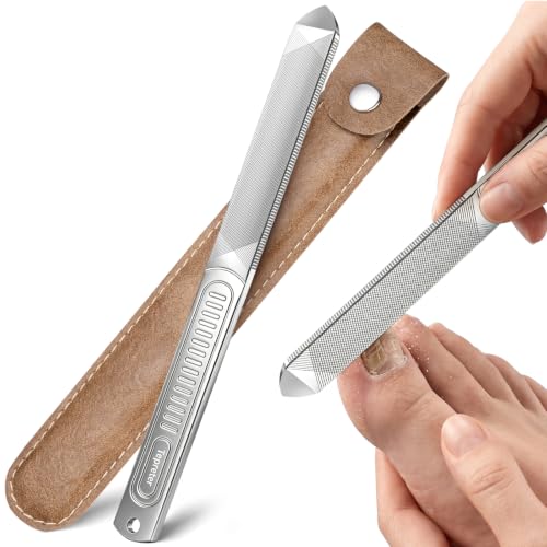 Heavy Duty Metal Nail File for Thick Toenail Fingernail with Leather Case | 7-inch 4-Sided Professional Large Thickened Nail Filer for Seniors, Durable Stainless Steel, Non-Slip Handle, Nail Care Tool