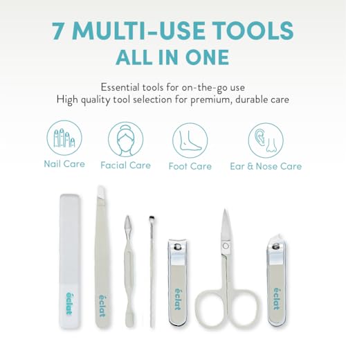 Éclat Manicure Pedicure Kit for Men & Women, 7Pcs Finger & Toe Nail Care Tools Includes Nail Clipper Cutter, Tweezer, File, Cuticle Pusher, Personal Care Professional Grooming Set With Travel Case - color: Mini Mani+pedi Set (7pc Cream)