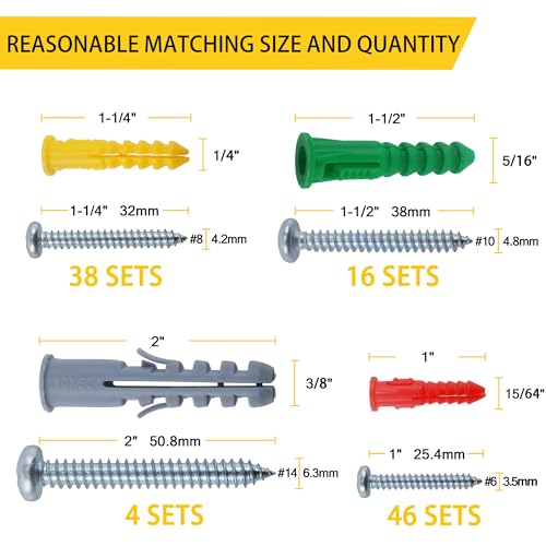 JEGONFRI 208PCS Drywall Anchors & Screws Kit, 4 Sizes, Wall Anchors | Versatile for Various Walls, Rust-Resistant Coating, High Load Capacity, Reusable Case