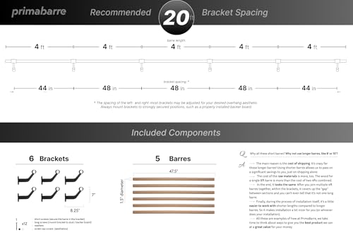 Wall-Mounted Ballet Barre for Home Dance, Exercise, Fitness, Stretching - Made in USA - size: 20 ft