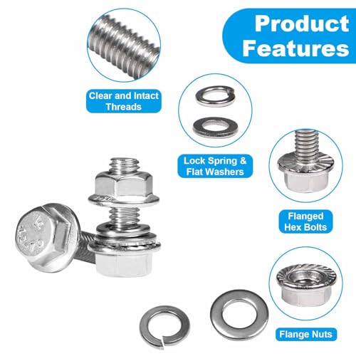 15 Sets 1/4-20 x 1/2" Flanged Hex Head Bolts Kits, 1/4-20 Flange Hexagon Screws and Nuts,Flat & Spring Lock Washers, 304 Stainless Steel 18-8,Fully Threaded - size: 1/4-20 x 1/2"