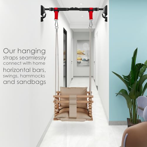 Hanging Straps Kit for Swings (2-Pack), Pull-Up Bar & Tree Hammocks, Gym & Travel–Anti-Slip Sling Saver Sleeves + Anti-Slip Locking Carabiners (Red) - color: Red