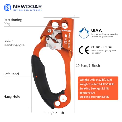 UIAA & CE Certified Hand Ascender Rock Climbing Tree Arborist Rappelling Gear Equipment Rope Clamp for 8~13MM Rope - color: Orange-Left
