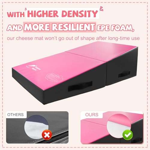 Kangaroo Hoppers Gymnastics Cheese Wedge Mat for Kids Ages 1-12 | 3 Sizes Folding Incline Mat with High-Density EPE Foam and Removable PVC Leather Cover, Home Gym Training Equipment - color: Black/Hot Pink, size: 56" x 28" x 15"