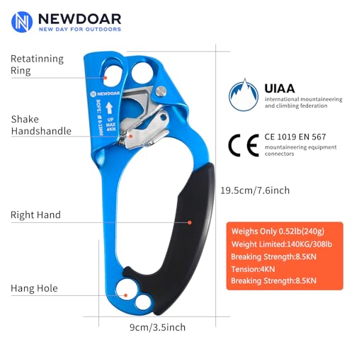 NewDoar UIAA & CE Certified Hand Ascender Rock Climbing Tree Arborist Rappelling Gear Equipment Rope Clamp for 8~13MM Rope - color: Orange-Left+Blue-Right