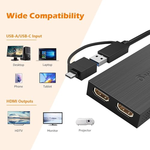 WAVLINK HDMI Splitter Extended Display for Dual Monitor, USB A or USB-C to Dual HDMI Adapter, Multi-Monitor Display 3 Separate Screens for Windows and macOS,4K30Hz,1080p@60Hz