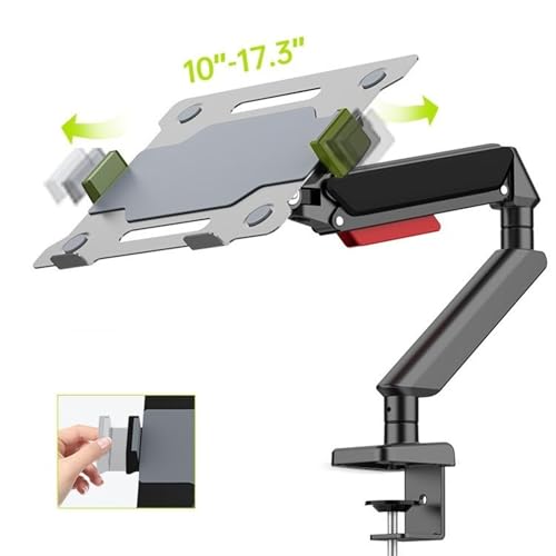 Office Laptop Mount with Adjustable Tray for 10-17”Notebook, Full Motion Gas Spring Mount Arm for 17-32”Monitor (Within 4.4~22.0lbs), C-Clamp and Grommet Base Desk Accessories(Black)