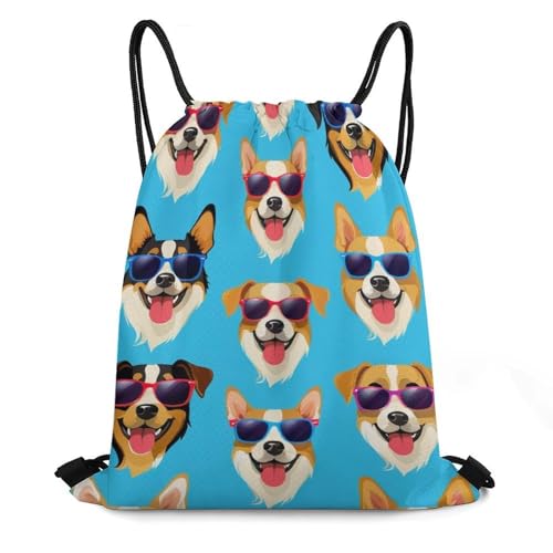 Theft Proof Drawstring Bag Water Resistant Cinch Sack Gym Sport Backpack for Travel Camping, Cute Corgi Glasses And Mustaches Bags - color: Picture (26)