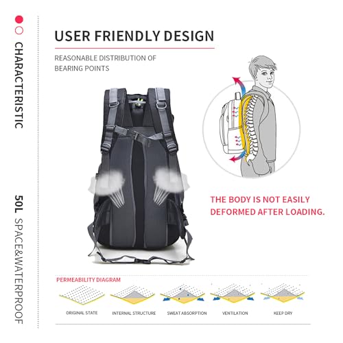Bseash 50L Hiking Backpack, Water Resistant Lightweight Outdoor Sport Daypack Travel Bag for Camping Climbing Skiing Cycling (Red - No Shoe Compartment) - color: Red - No Shoe Compartment
