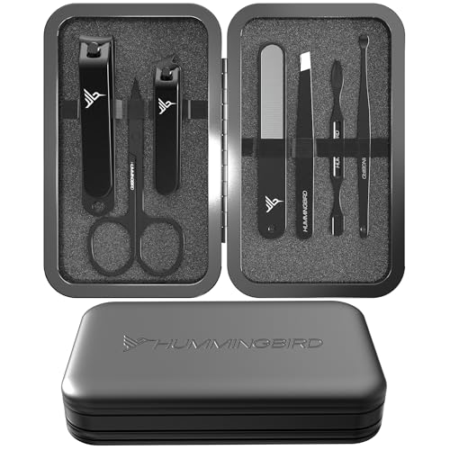 HUMMINGBIRD Manicure Kit for Men, 7 Piece Stainless Steel Mens Nail Grooming Kit with Travel Case, Includes Mens Nail Clippers Set, Nail File, Slant Tip Tweezers, Cuticle Scissors, Nail Care Tools
