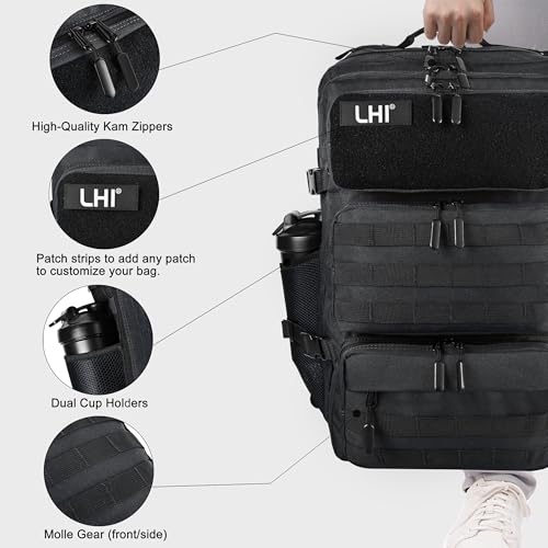 LHI Tactical Military Backpack for Men and Women 25L/35L Army Assault Pack Bag Small Rucksack with Bottle Holder - color: 50l-shoe Compartment(black), size: Large