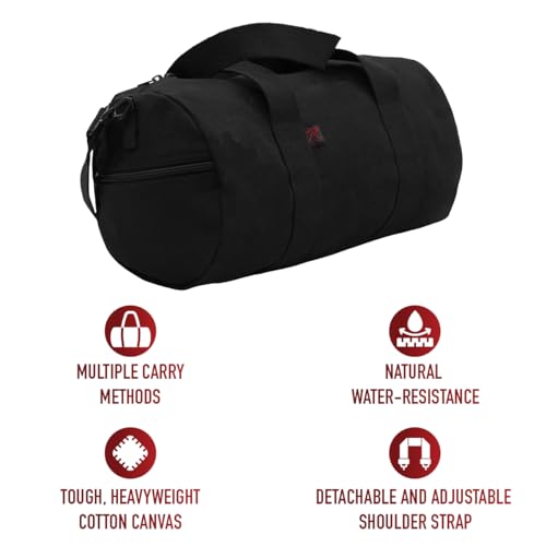 Rothco Heavy-Duty Canvas Shoulder Duffle Bag - Rugged Travel Gym Gear Equipment Bag - color: Black, size: 15 Inches