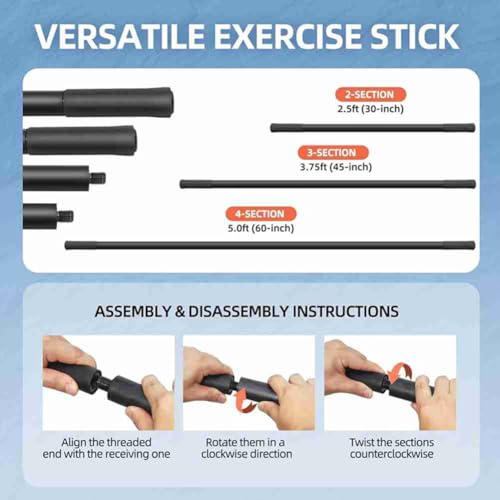 Yoga Stick 5 Ft Sturdy Steel Adjustable Stretching Stick for Mobility, Flexibility and Balance Versatile Exercise Stick