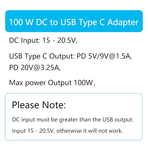 90 Degree 100W DC 2.5mm x 0.7mm Power Adapter, Input 15 - 20.5V, PD Chip | Right Angle DC 2507 Female to USB Type C Male PD Plug, Built in PD Intelligent Chip Quick Identification V/A, for USB C Port - style: DC 2507 Female to USB Type c Male - 100W